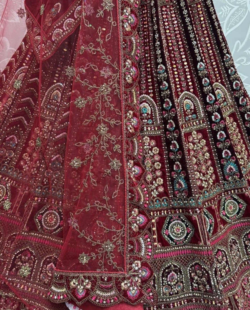 2862-red - Multi Thread and Red Dori Embroidery combine with Sequins work Velvet Lehenga Choli