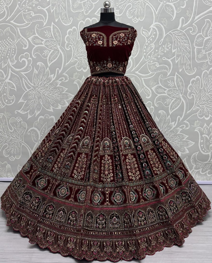 2862-red - Multi Thread and Red Dori Embroidery combine with Sequins work Velvet Lehenga Choli