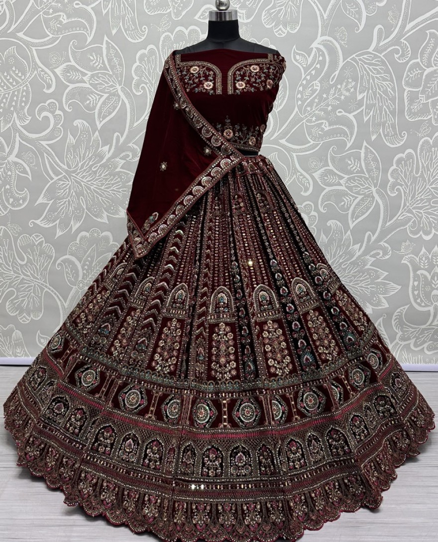 2862-red - Multi Thread and Red Dori Embroidery combine with Sequins work Velvet Lehenga Choli