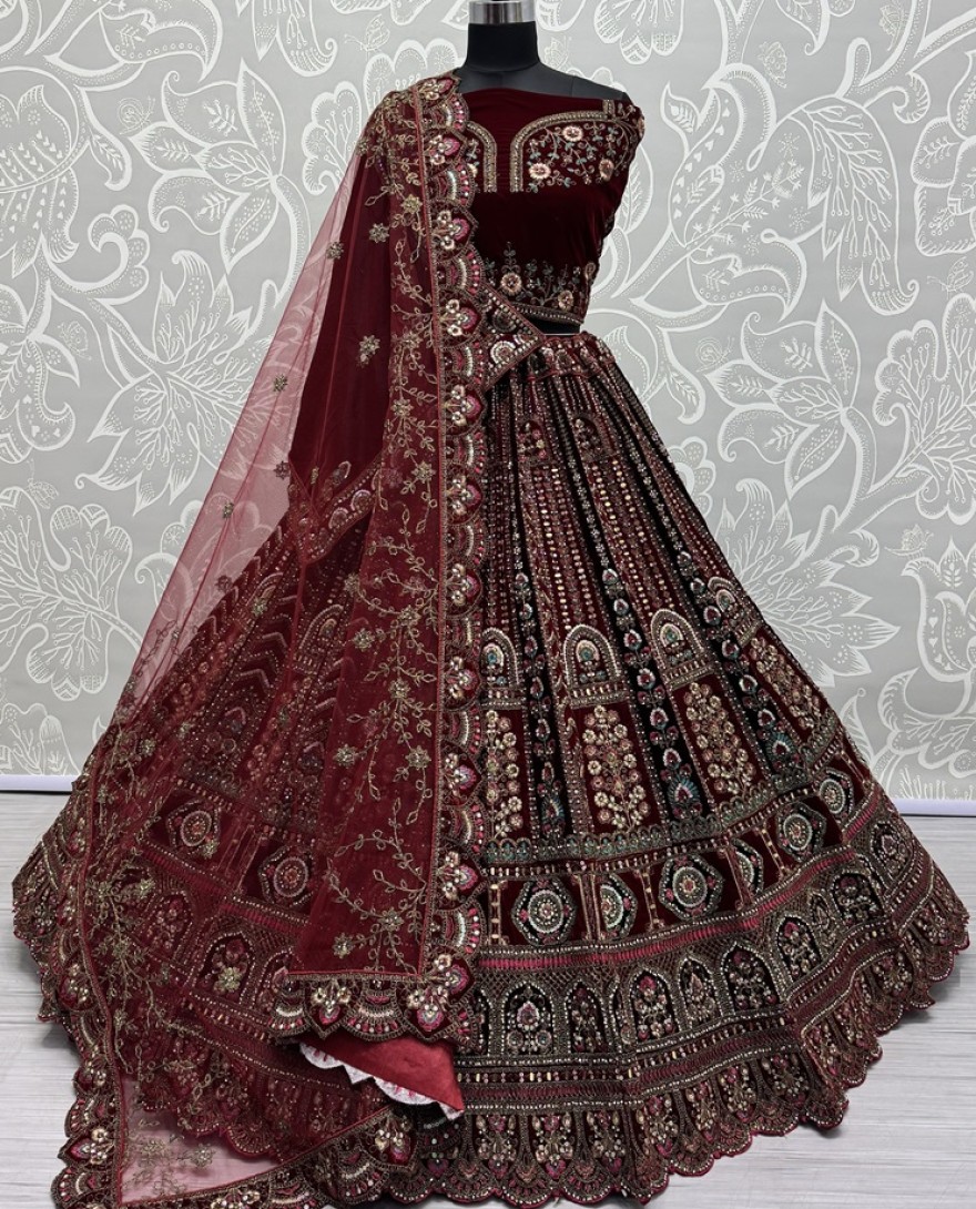 2862-red - Multi Thread and Red Dori Embroidery combine with Sequins work Velvet Lehenga Choli
