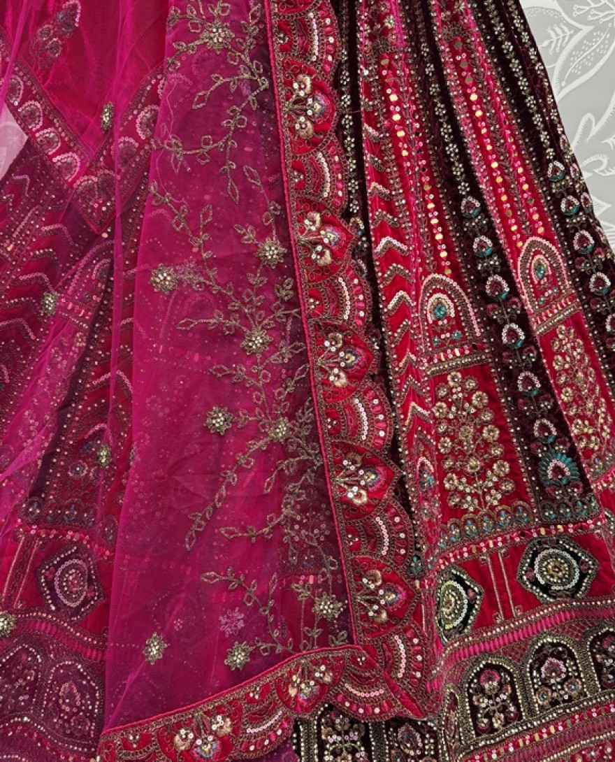 2862-pink - Multi Thread and Pink Dori Embroidery combine with Sequins work Velvet Lehenga Choli