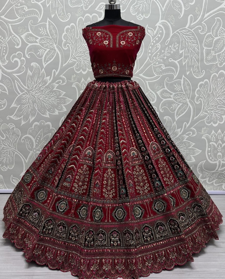 2862-pink - Multi Thread and Pink Dori Embroidery combine with Sequins work Velvet Lehenga Choli