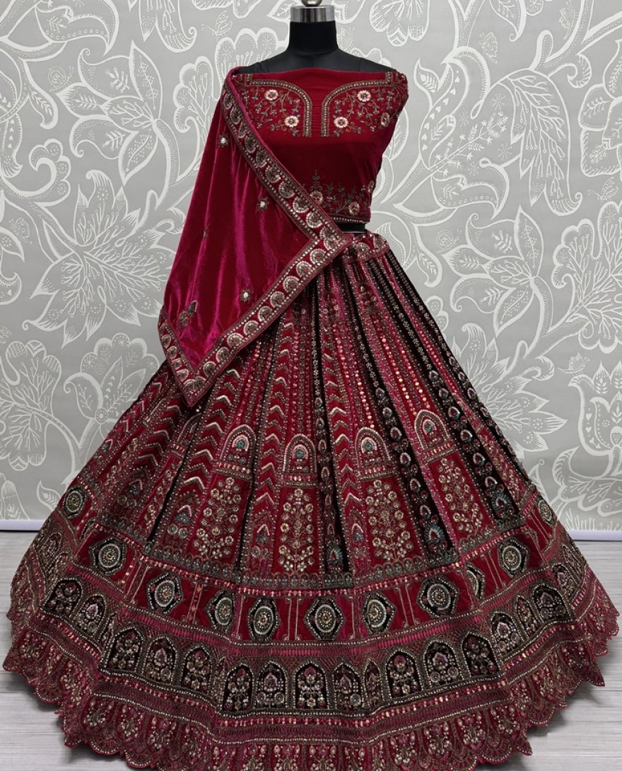 2862-pink - Multi Thread and Pink Dori Embroidery combine with Sequins work Velvet Lehenga Choli