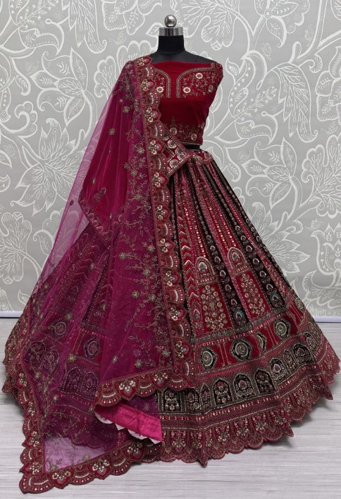 Multi Thread and Pink Dori Embroidery combine with Sequins work Velvet Lehenga Choli