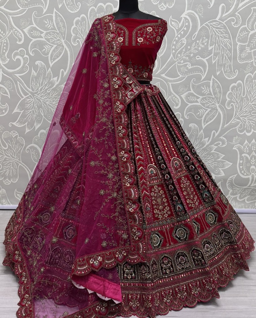 2862-pink - Multi Thread and Pink Dori Embroidery combine with Sequins work Velvet Lehenga Choli