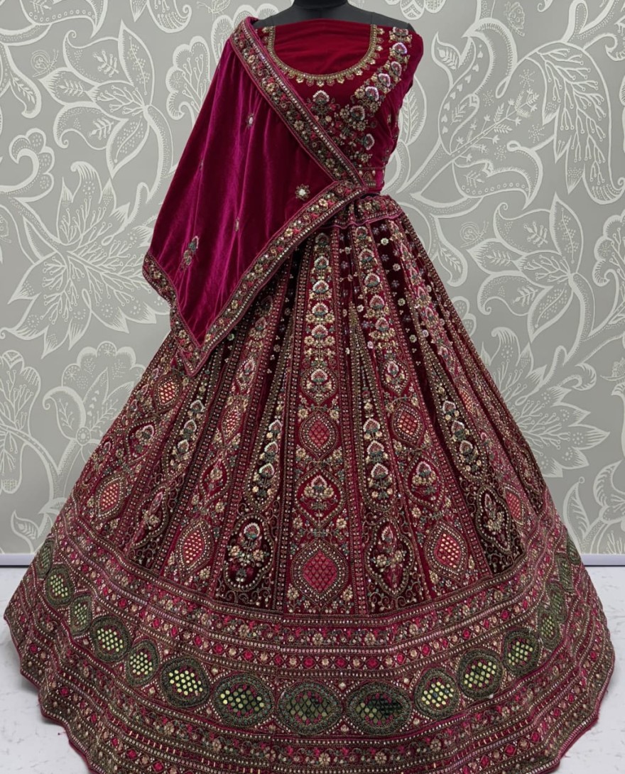 2880A - Stunning Maroon Hand Mirror and Sequins Embroidery Designer Lehenga Choli 