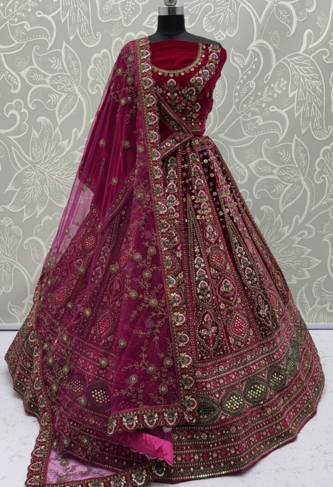 Stunning Maroon Hand Mirror and Sequins Embroidery Designer Lehenga Choli 