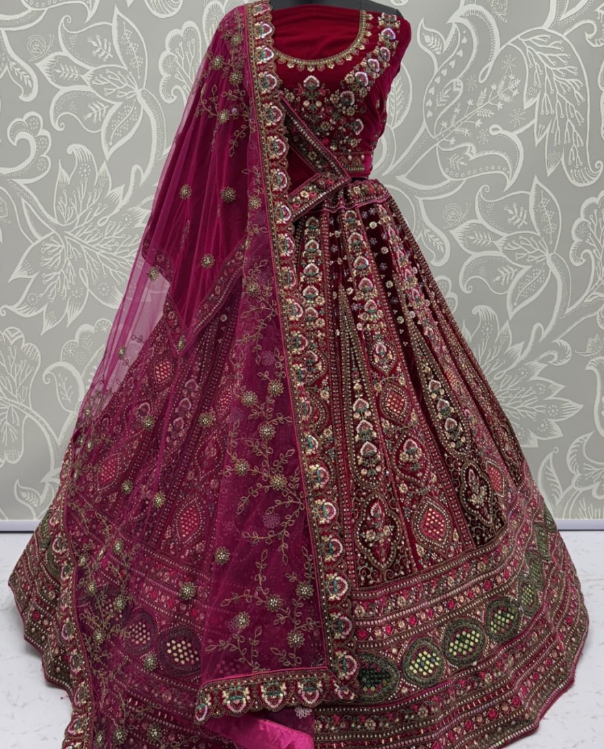 2880A - Stunning Maroon Hand Mirror and Sequins Embroidery Designer Lehenga Choli 
