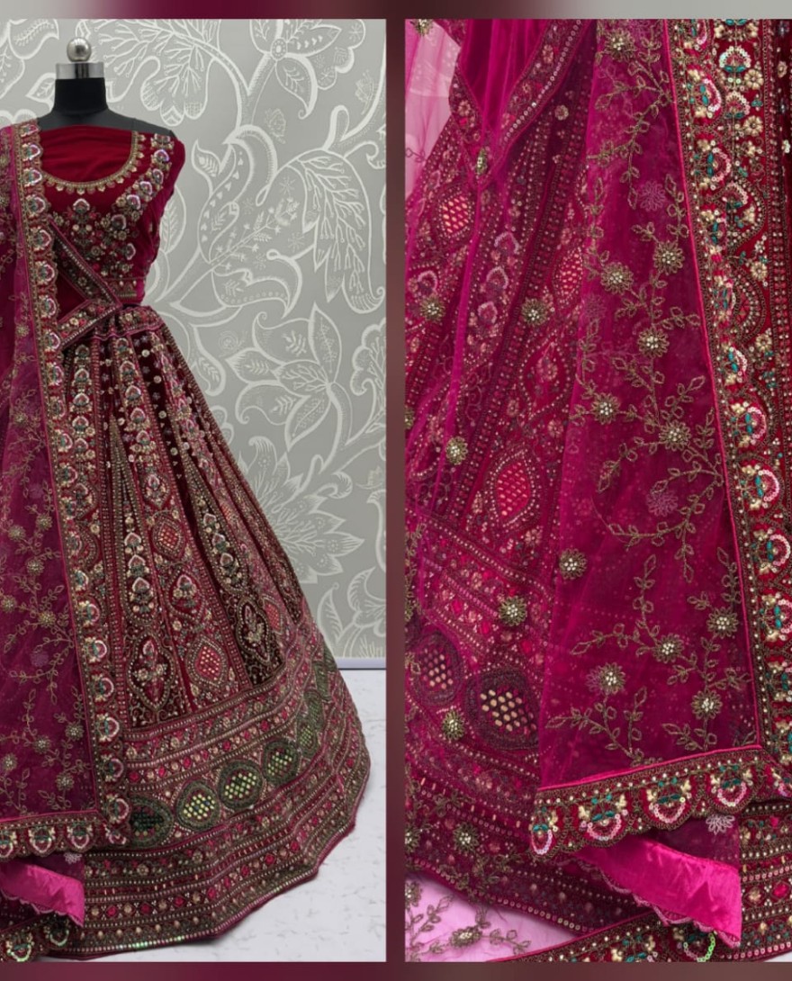 2880A - Stunning Maroon Hand Mirror and Sequins Embroidery Designer Lehenga Choli 