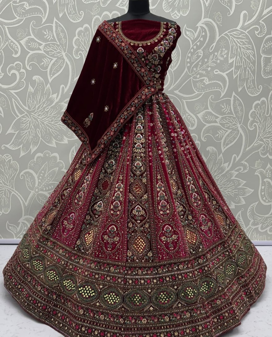 2880B - Stunning Dark Maroon Hand Mirror and Sequins Embroidery Designer Lehenga Choli 