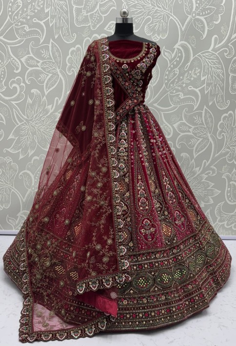 Stunning Dark Maroon Hand Mirror and Sequins Embroidery Designer Lehenga Choli 