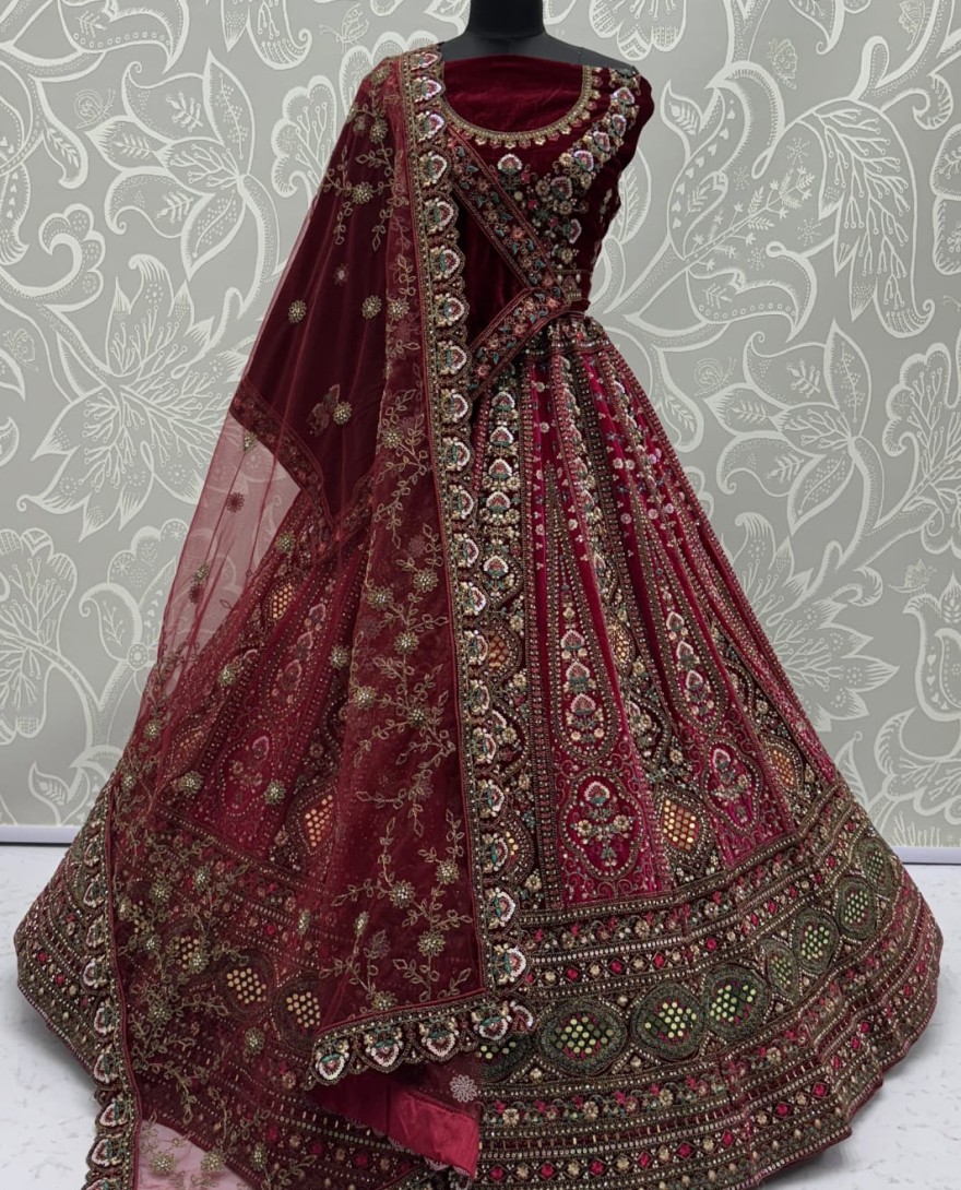 2880B - Stunning Dark Maroon Hand Mirror and Sequins Embroidery Designer Lehenga Choli 
