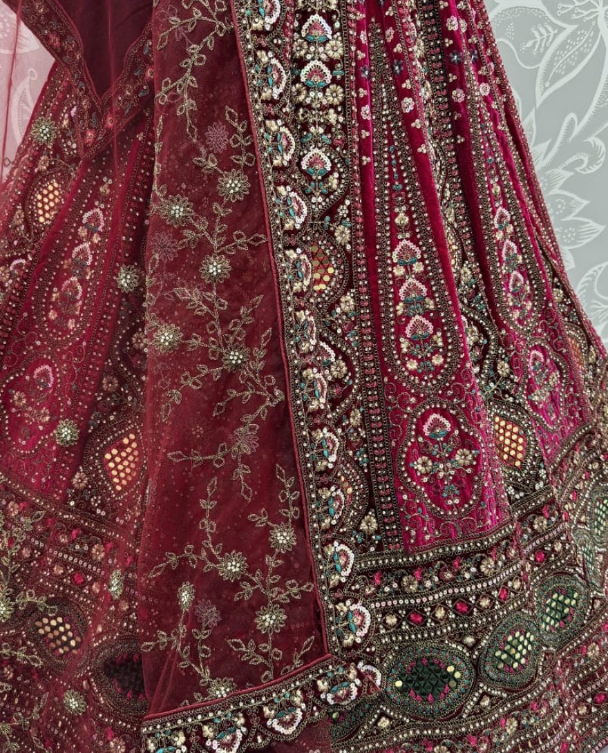 2880B - Stunning Dark Maroon Hand Mirror and Sequins Embroidery Designer Lehenga Choli 