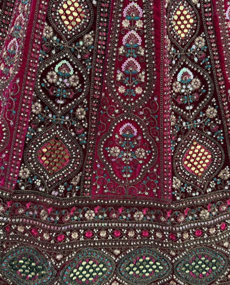 2880B - Stunning Dark Maroon Hand Mirror and Sequins Embroidery Designer Lehenga Choli 