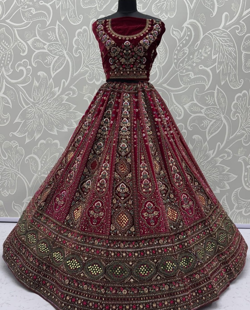 2880B - Stunning Dark Maroon Hand Mirror and Sequins Embroidery Designer Lehenga Choli 