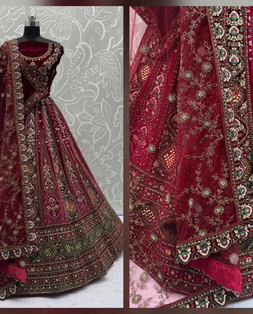 2880B - Stunning Dark Maroon Hand Mirror and Sequins Embroidery Designer Lehenga Choli 