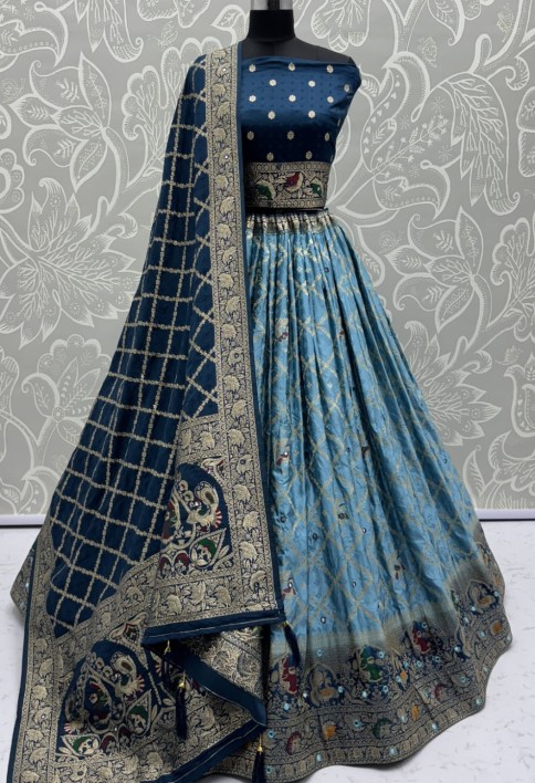 Elegant Look Blue Georgette Satin Fabric Crafted Lehenga Choli for this Wedding Season