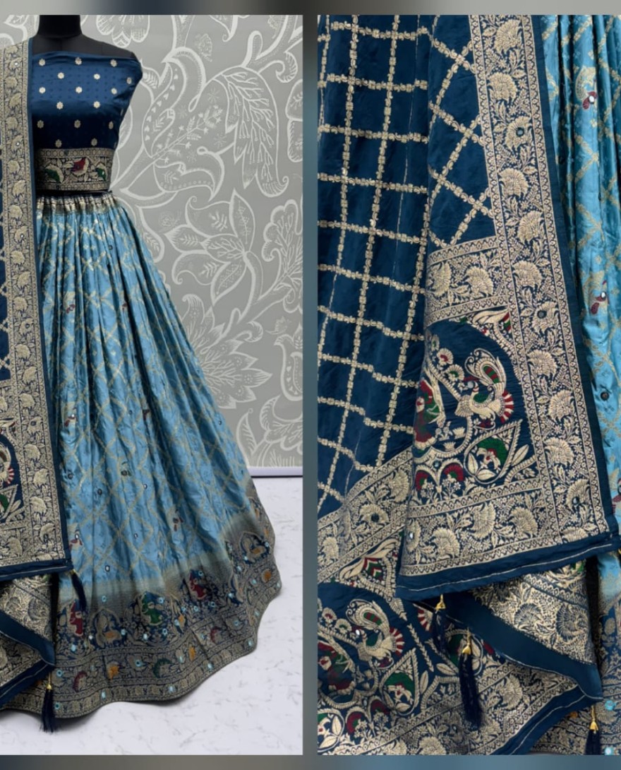 2881blue - Elegant Look Blue Georgette Satin Fabric Crafted Lehenga Choli for this Wedding Season