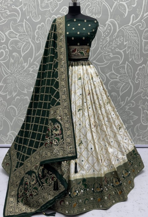 Elegant Look Ivory Green Georgette Satin Fabric Crafted Lehenga Choli for this Wedding Season