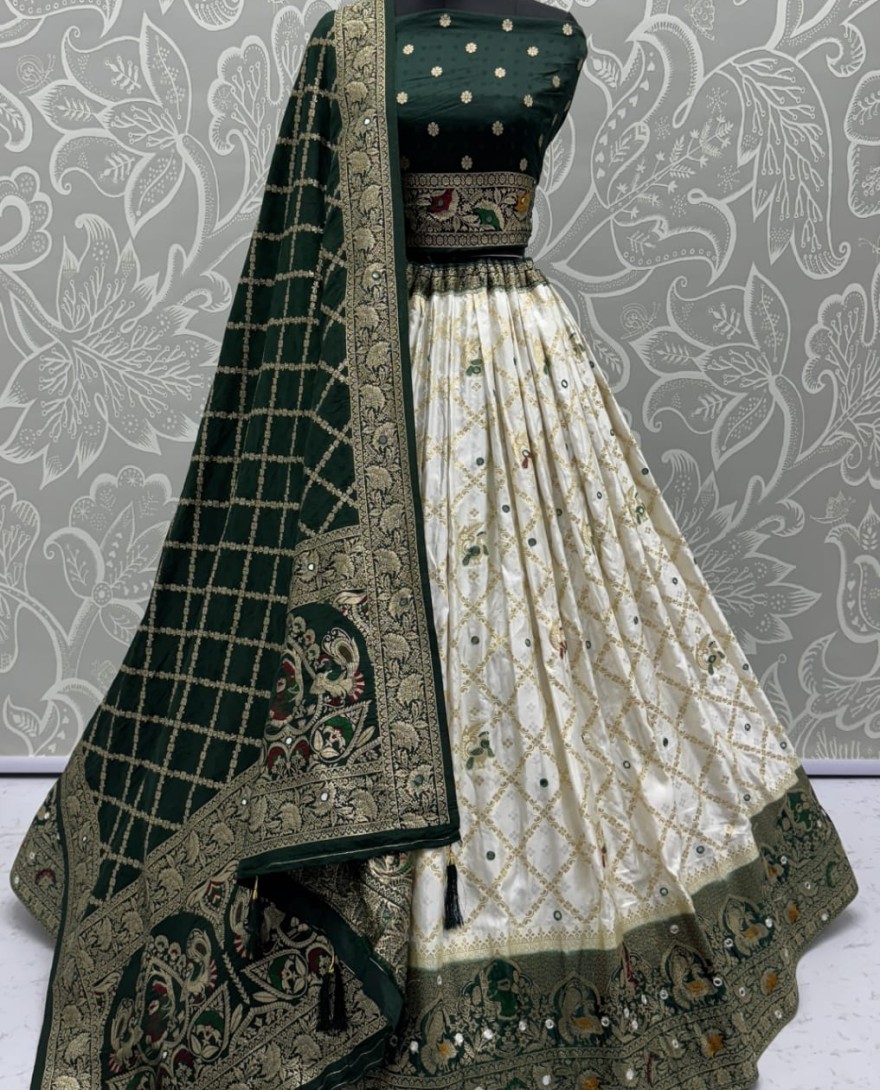 2881ivory - Elegant Look Ivory Green Georgette Satin Fabric Crafted Lehenga Choli for this Wedding Season