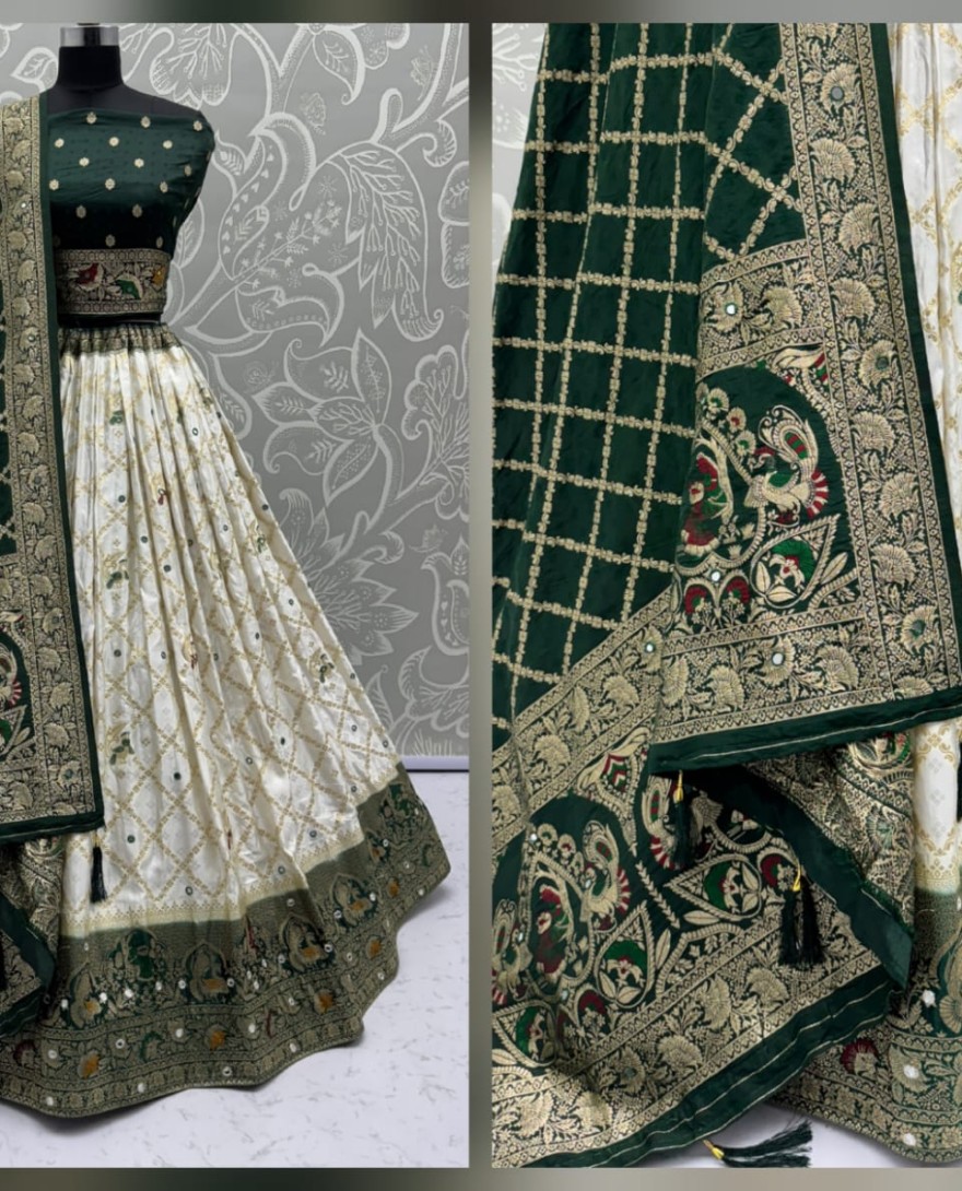 2881ivory - Elegant Look Ivory Green Georgette Satin Fabric Crafted Lehenga Choli for this Wedding Season