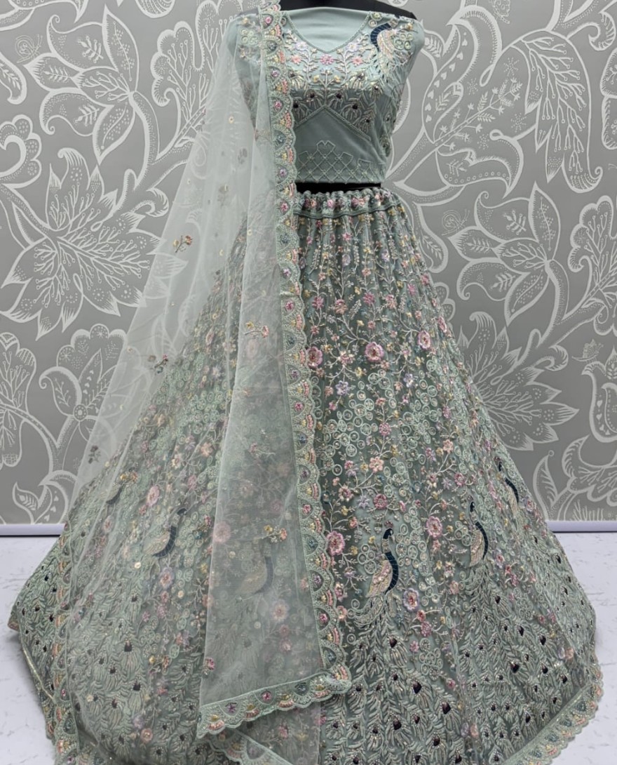 Blue - Stunning Peacock Blue Embroidered Crafted Partywear Lehenga Choli with dupatta and blouse 