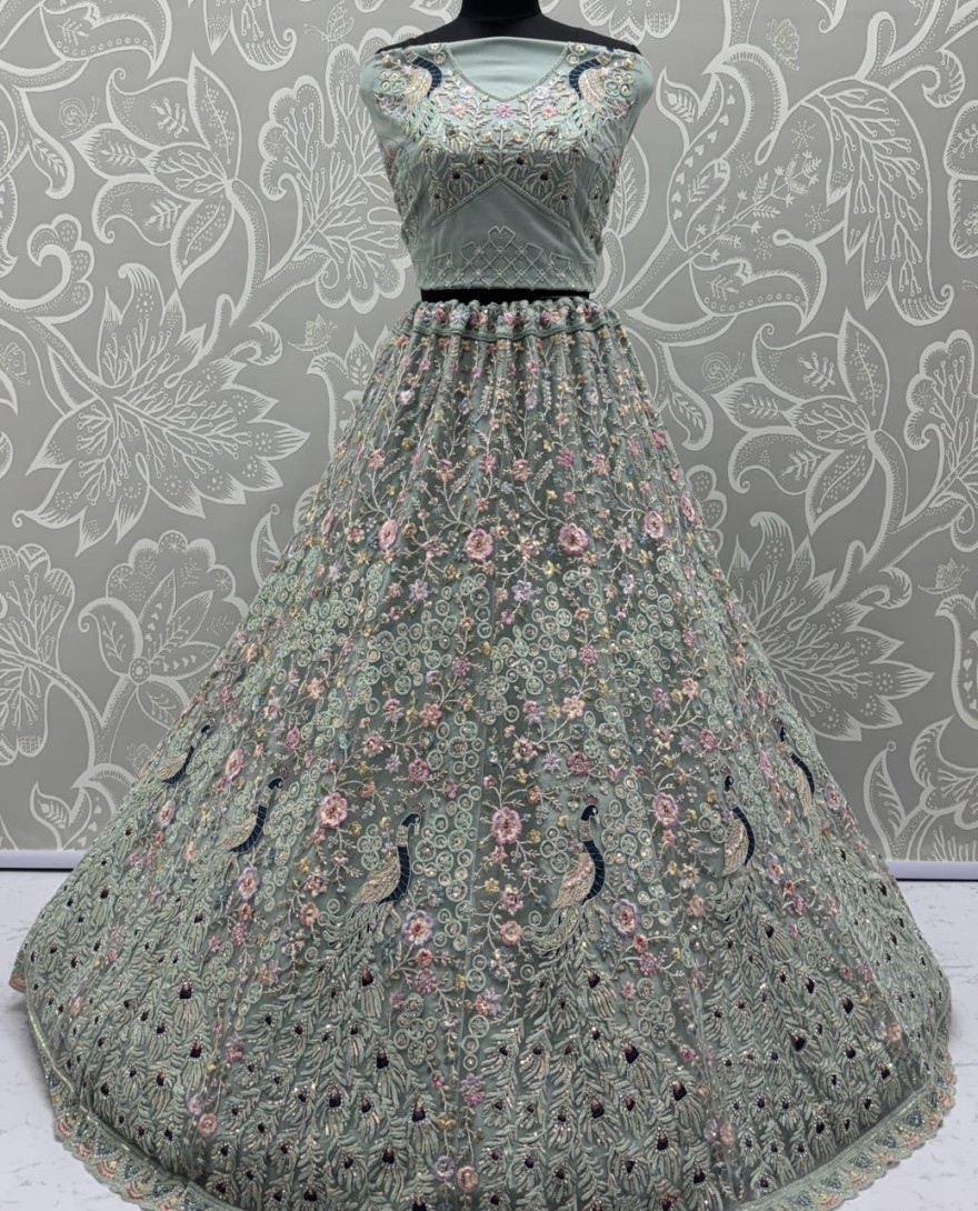 Blue - Stunning Peacock Blue Embroidered Crafted Partywear Lehenga Choli with dupatta and blouse 