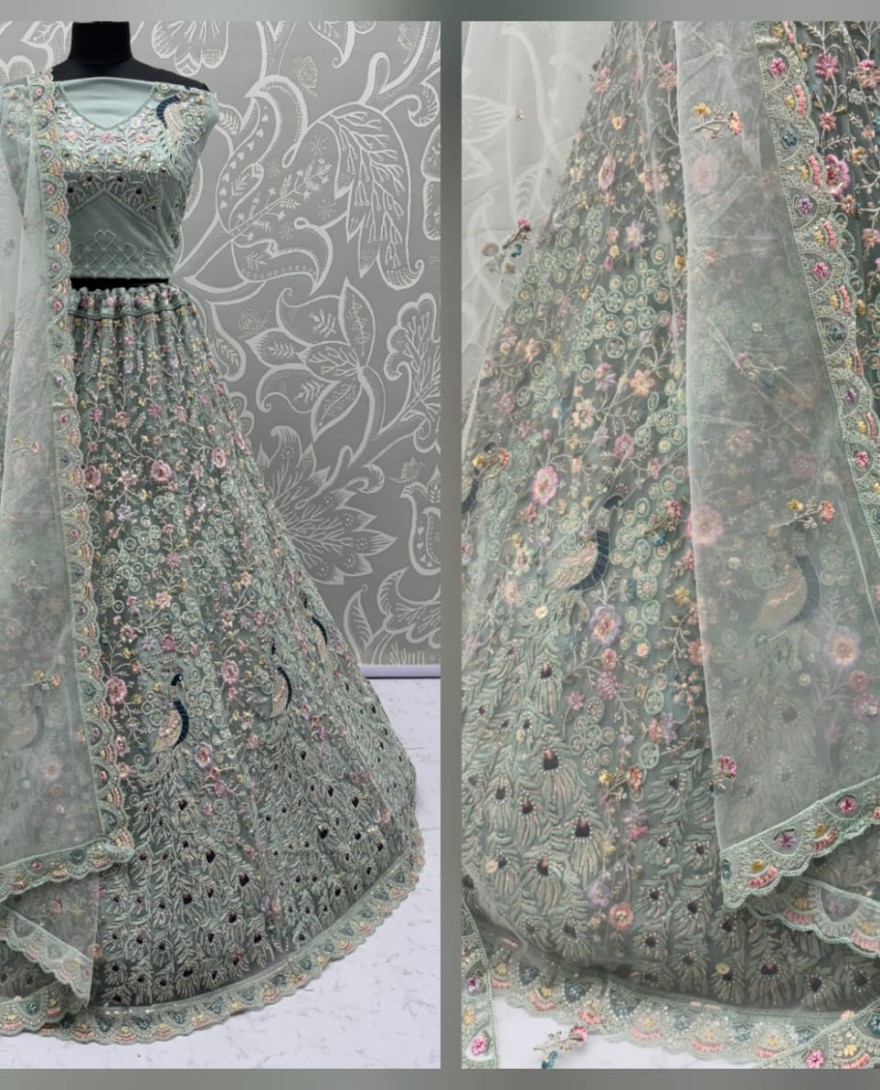 Blue - Stunning Peacock Blue Embroidered Crafted Partywear Lehenga Choli with dupatta and blouse 