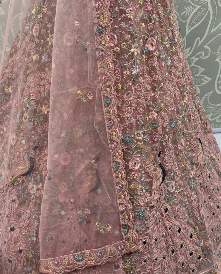 Pink - Stunning Peacock Pink Embroidered Crafted Partywear Lehenga Choli with dupatta and blouse 