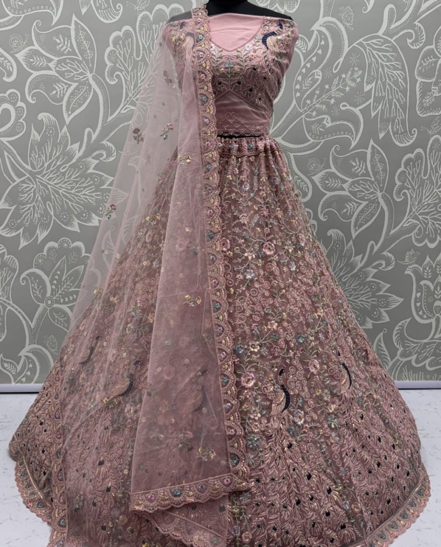 Pink - Stunning Peacock Pink Embroidered Crafted Partywear Lehenga Choli with dupatta and blouse 
