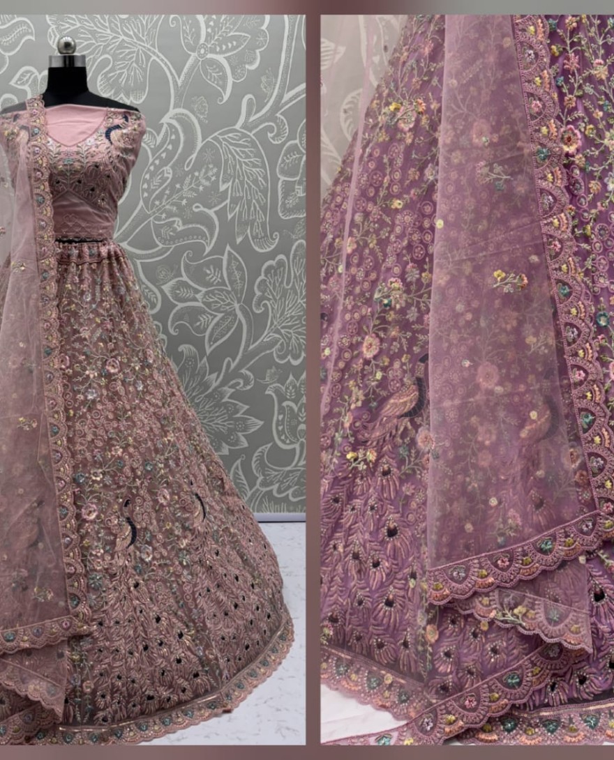 Pink - Stunning Peacock Pink Embroidered Crafted Partywear Lehenga Choli with dupatta and blouse 