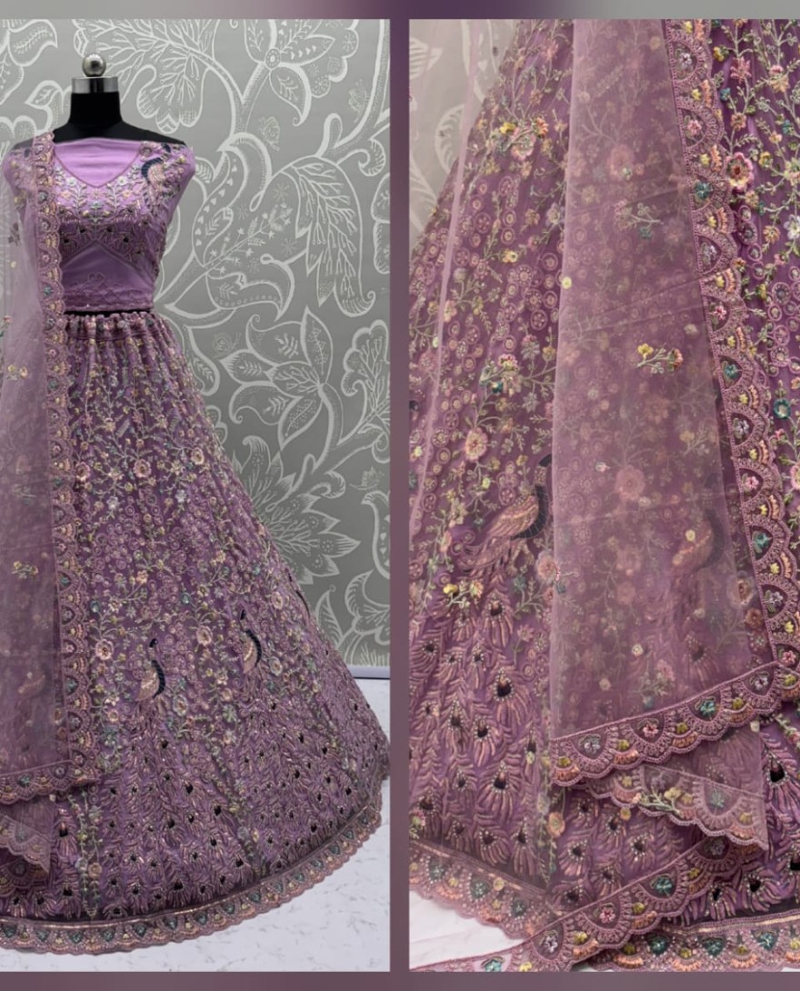 Purple - Stunning Peacock Purple Embroidered Crafted Partywear Lehenga Choli with dupatta and blouse 