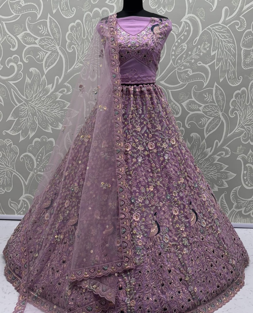 Purple - Stunning Peacock Purple Embroidered Crafted Partywear Lehenga Choli with dupatta and blouse 