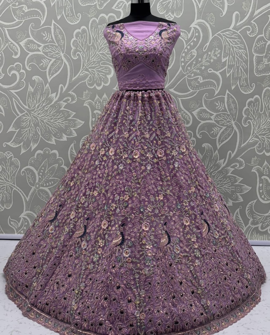 Purple - Stunning Peacock Purple Embroidered Crafted Partywear Lehenga Choli with dupatta and blouse 