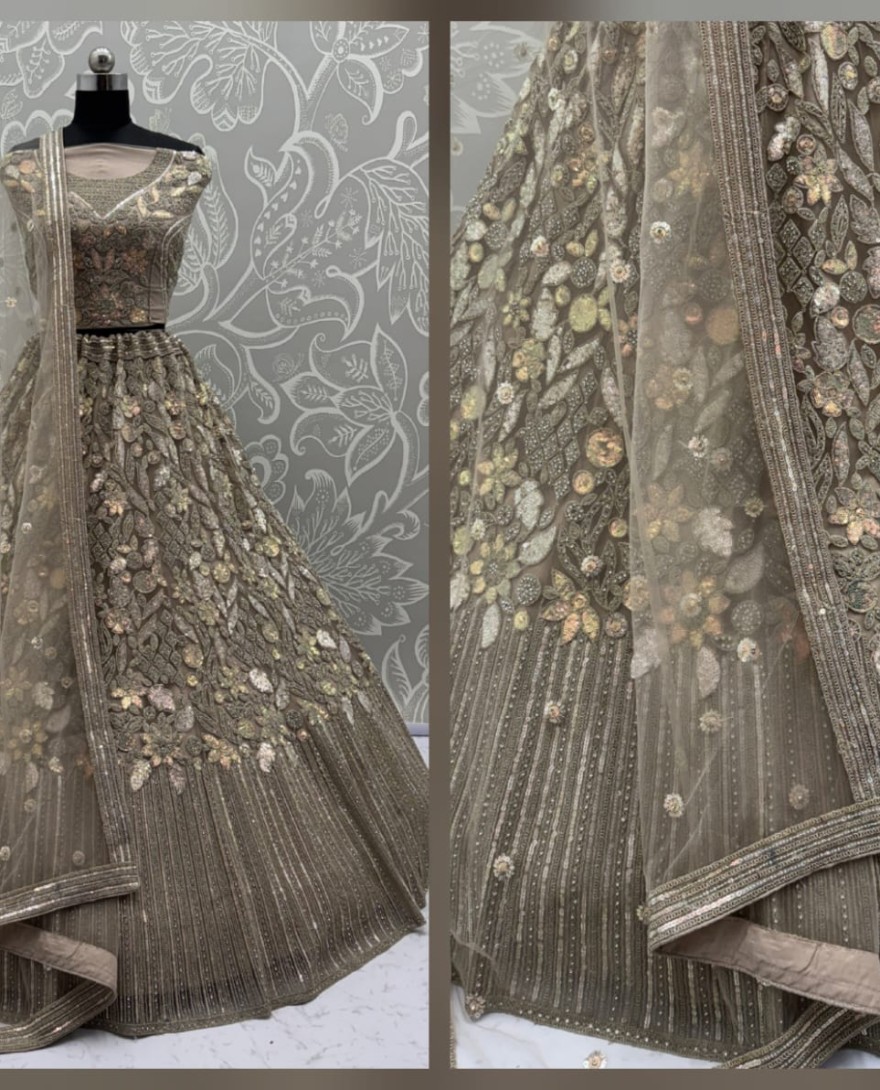 GOLDEN - Eye-Catchy  Golden Lehengacholi studded with zircon diamond and Full of Sequins work 