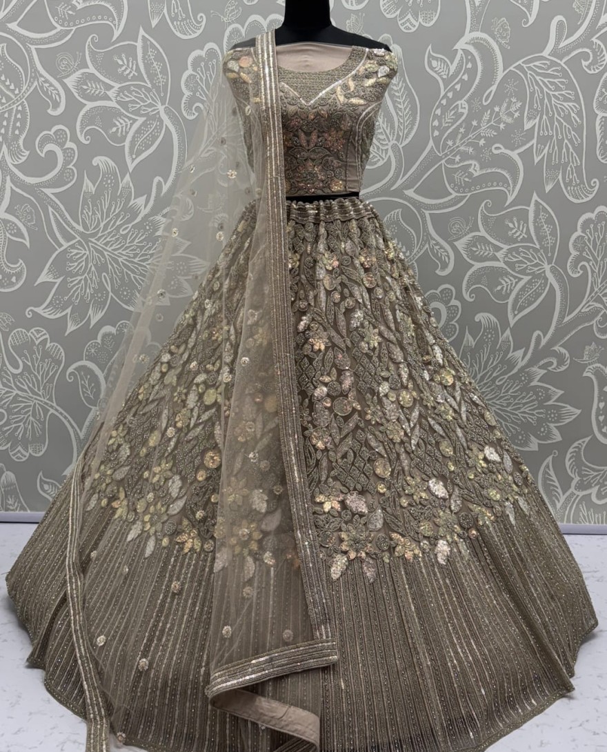 GOLDEN - Eye-Catchy  Golden Lehengacholi studded with zircon diamond and Full of Sequins work 