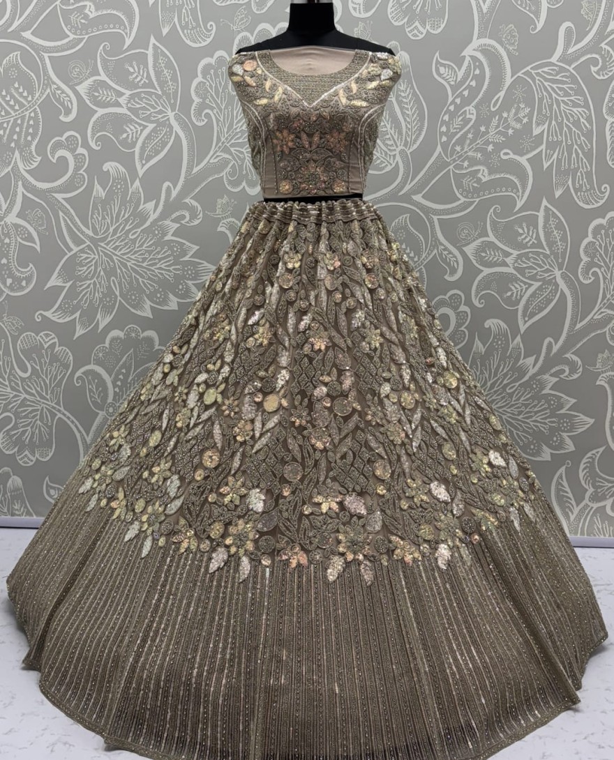 GOLDEN - Eye-Catchy  Golden Lehengacholi studded with zircon diamond and Full of Sequins work 