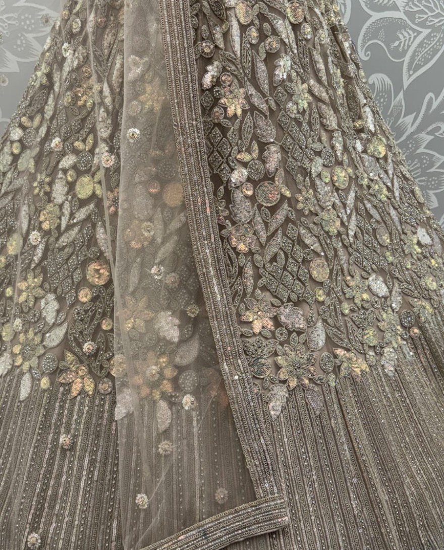 GOLDEN - Eye-Catchy  Golden Lehengacholi studded with zircon diamond and Full of Sequins work 