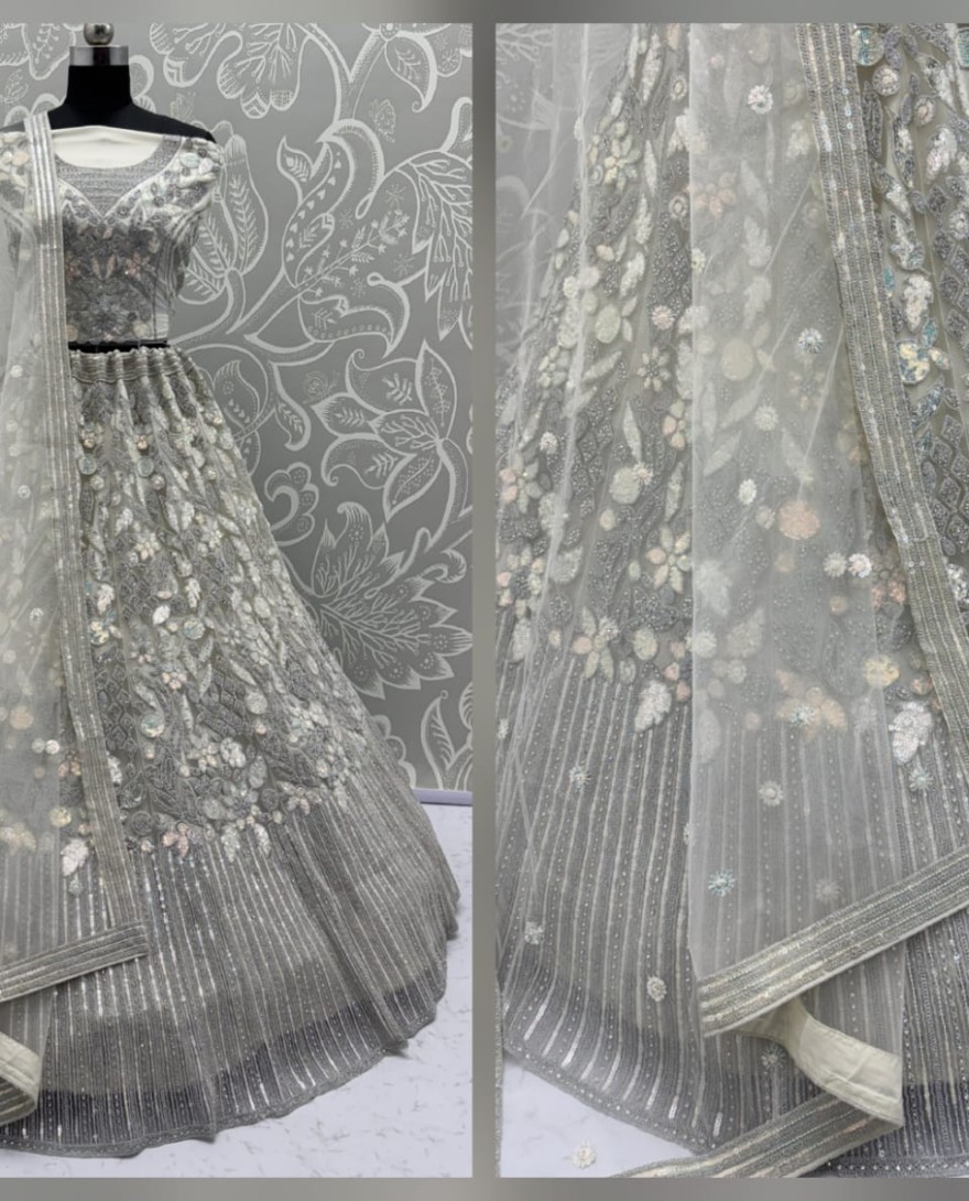 Grey - Eye-Catchy Silver Grey Lehengacholi studded with zircon diamond and Full of Sequins work 