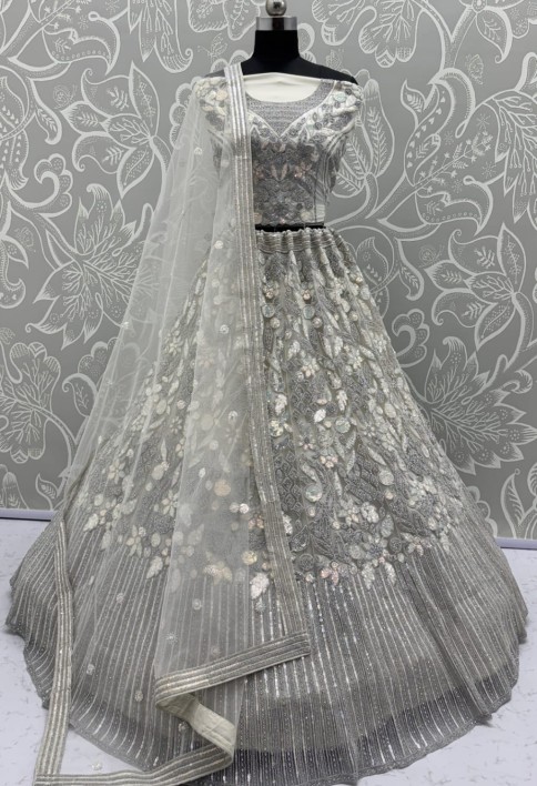 Eye-Catchy Silver Grey Lehengacholi studded with zircon diamond and Full of Sequins work 