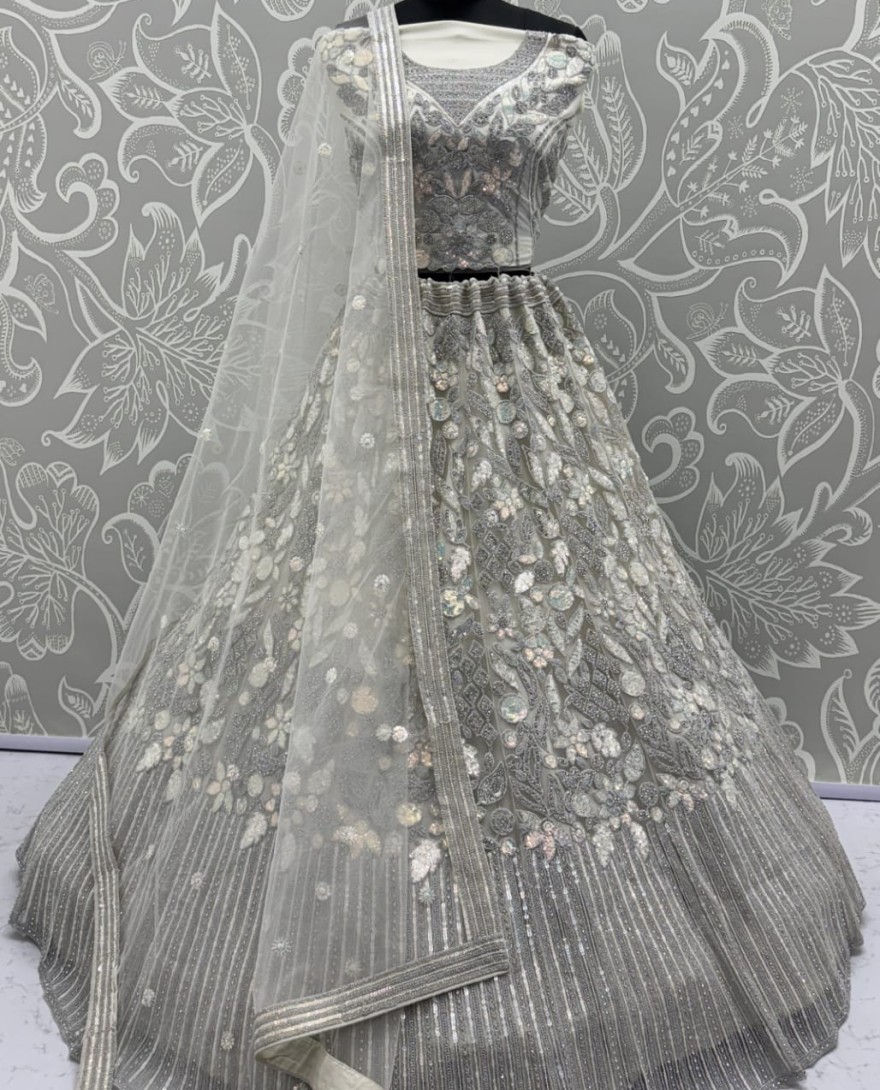 Grey - Eye-Catchy Silver Grey Lehengacholi studded with zircon diamond and Full of Sequins work 