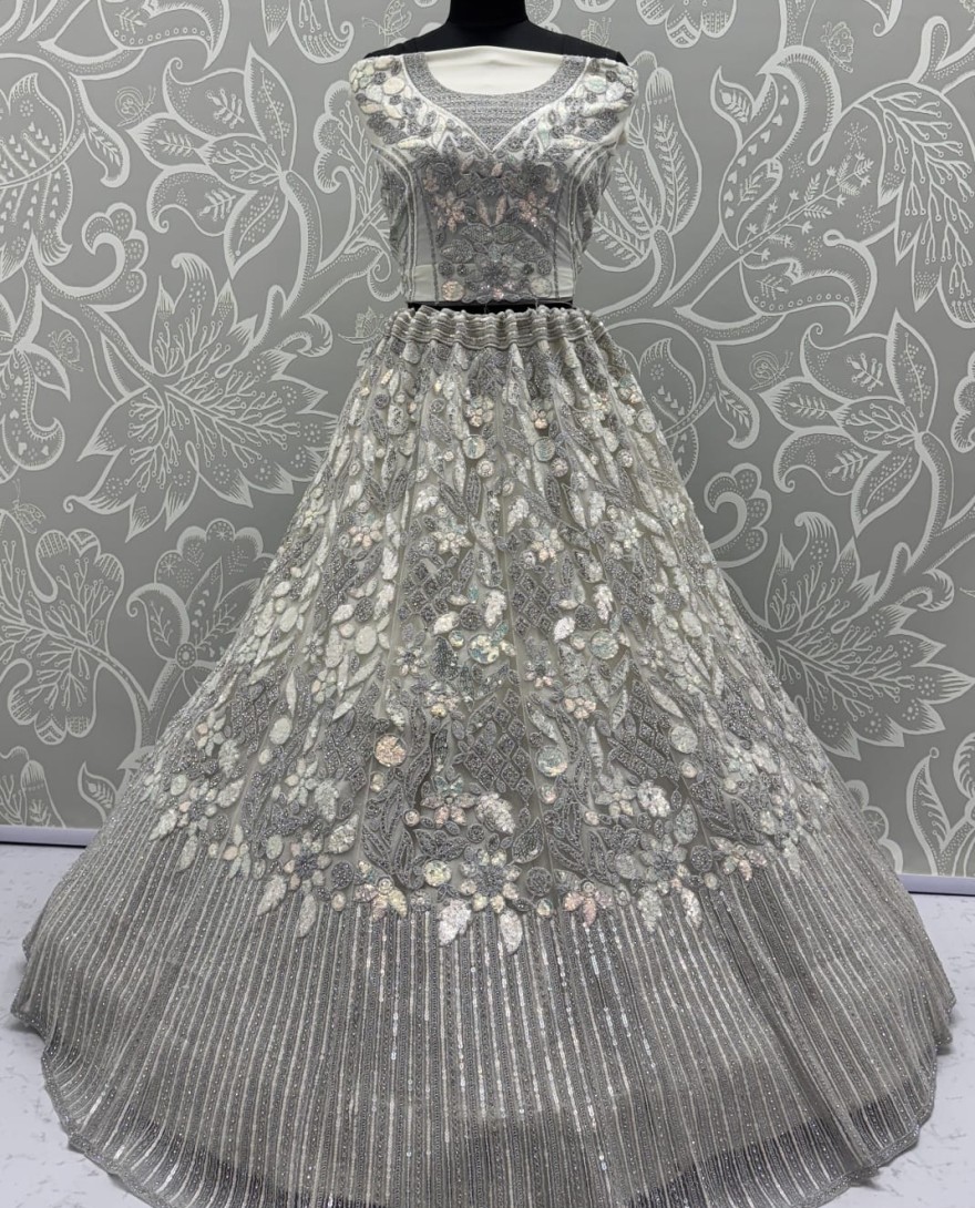 Grey - Eye-Catchy Silver Grey Lehengacholi studded with zircon diamond and Full of Sequins work 