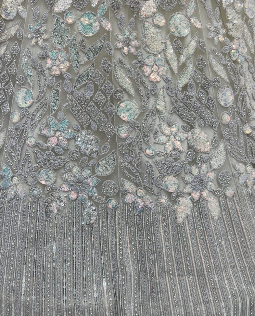 Grey - Eye-Catchy Silver Grey Lehengacholi studded with zircon diamond and Full of Sequins work 