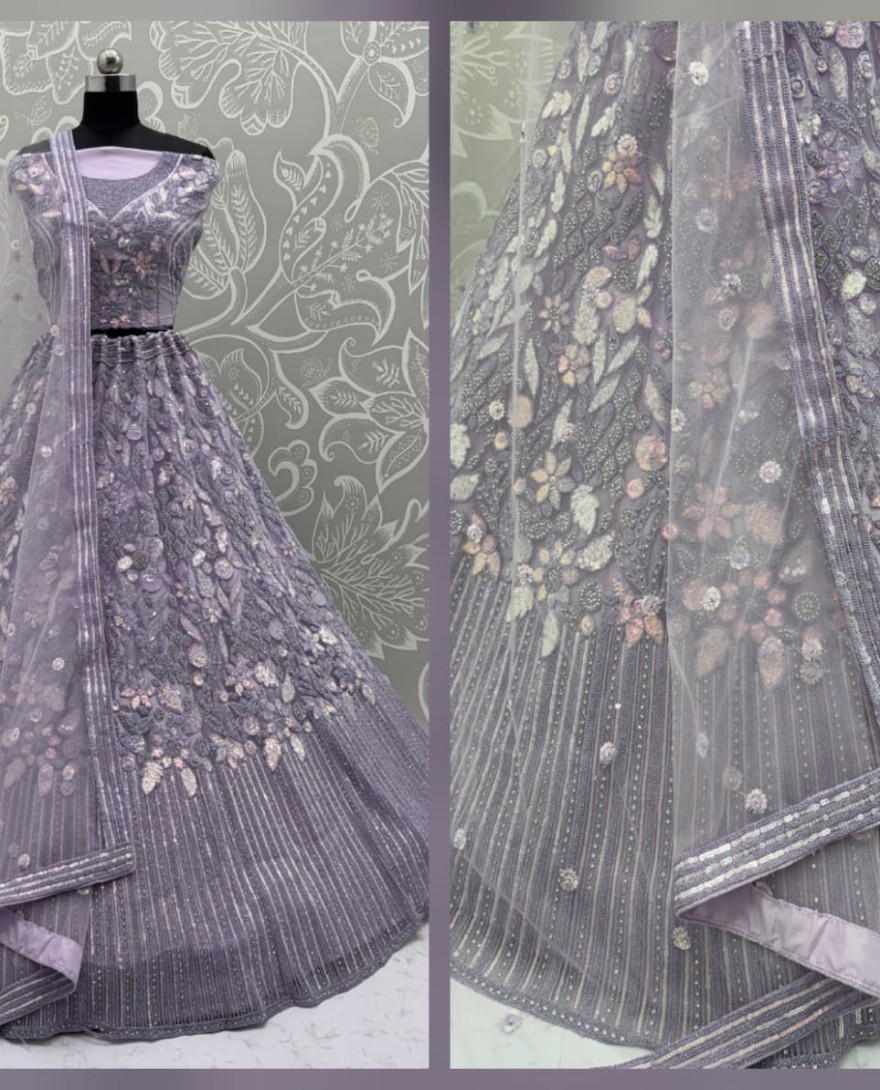 Lavender  - Eye-Catchy Lavender Lehengacholi studded with zircon diamond and Full of Sequins work 
