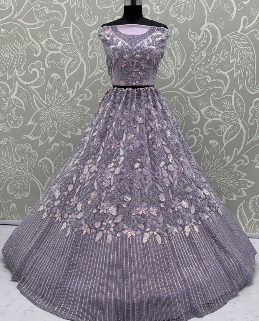 Lavender  - Eye-Catchy Lavender Lehengacholi studded with zircon diamond and Full of Sequins work 