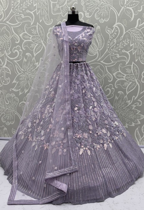 Eye-Catchy Lavender Lehengacholi studded with zircon diamond and Full of Sequins work 