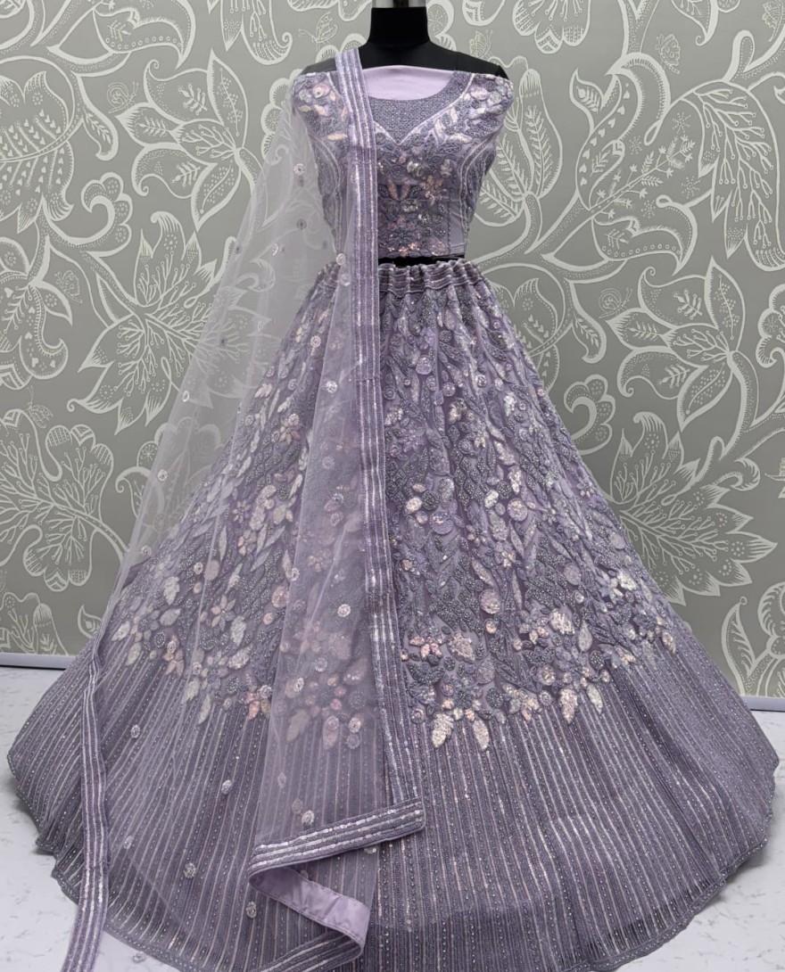 Lavender  - Eye-Catchy Lavender Lehengacholi studded with zircon diamond and Full of Sequins work 
