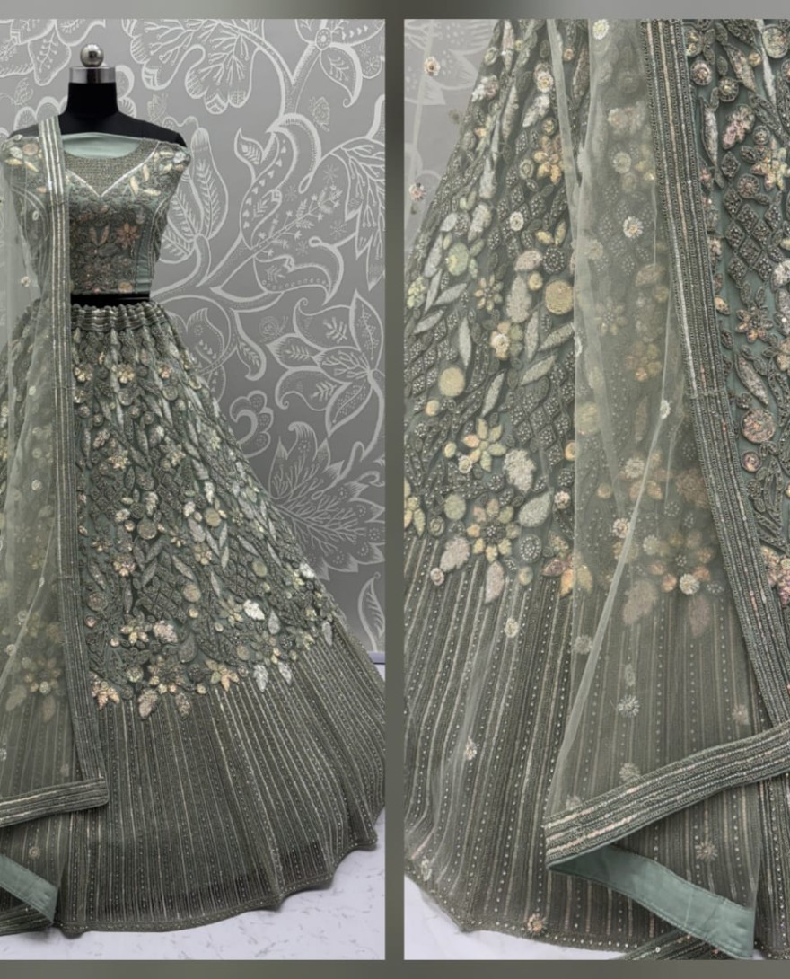 olivegreen - Eye-Catchy Olive Green Lehengacholi studded with zircon diamond and Full of Sequins work 
