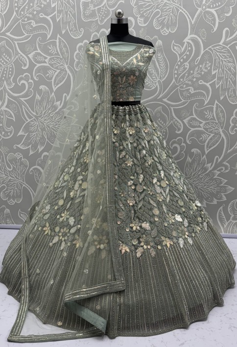 Eye-Catchy Olive Green Lehengacholi studded with zircon diamond and Full of Sequins work 