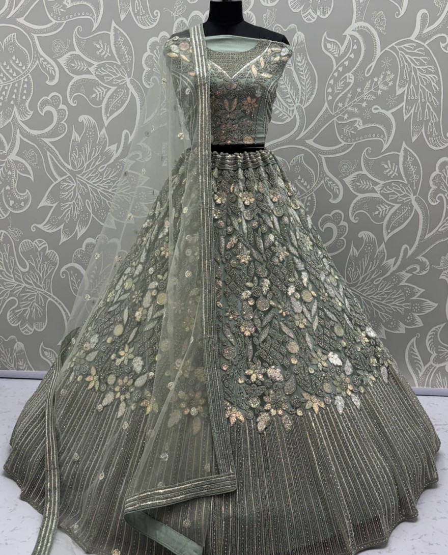 olivegreen - Eye-Catchy Olive Green Lehengacholi studded with zircon diamond and Full of Sequins work 